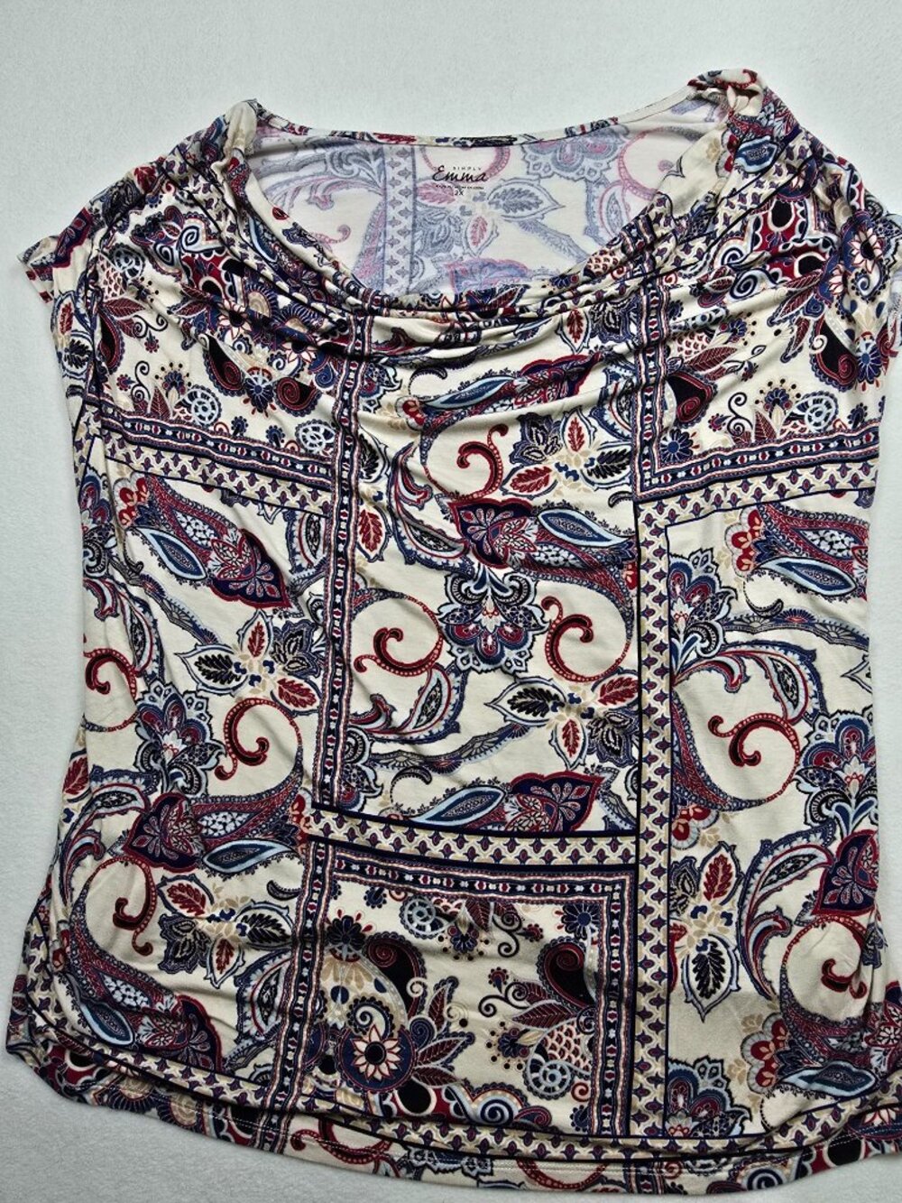 Simply Emma 2X Paisley Print Cowl Neck Top